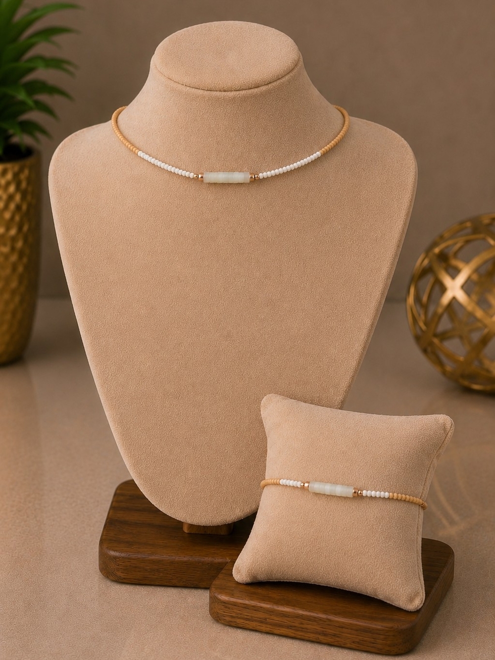 Plunder Beaded Gold and White Necklace & Bracelet Set - NIP